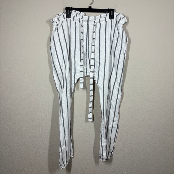 Lido World M/L Drawstring Stripe Paperbag Pants White Linen Straight Tie Waist - Picture 2 of 9